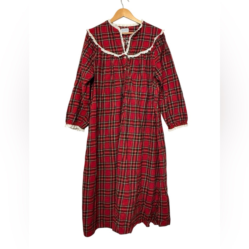 Lanz of Salzburg Plaid Flannel‎ Nightgown Ruffle Cottage Cabin Sleep Grandma L